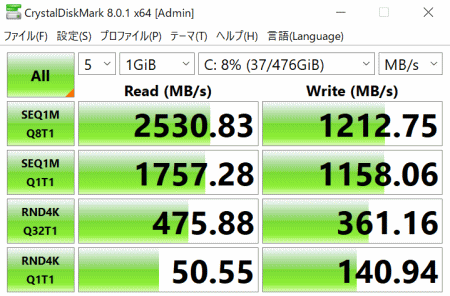 G-Tune E5-165, Crystal Disk Mark 8.0 ベンチマーク