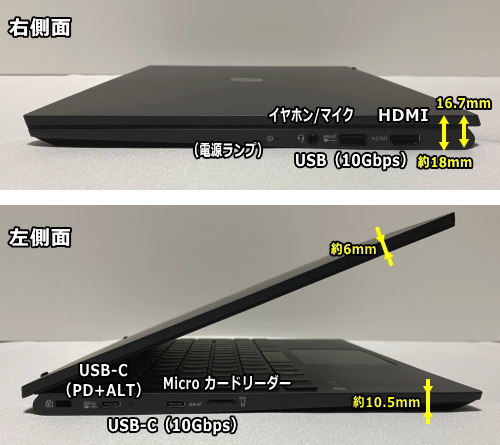 NEC LAVIE Pro Mobile / Direct PM 側面端子と寸法