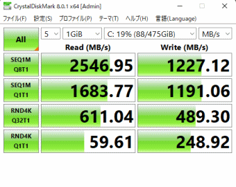 G-Tune HM-B, NVMe SSD, CrystalDiskMark 標準測定