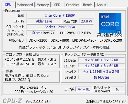 Core i7-1260P, CPU-Z（dynabook AZ/HV）