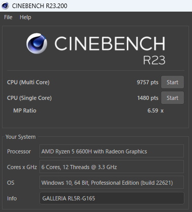 AMD Ryzen 5 6600H Cinebench R23, Galleria RL5R-G165