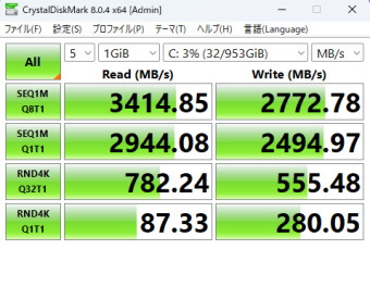 Galleria RA7C-R47, CrystalDiskMark 標準測定, Intel 670p NVMe SSD