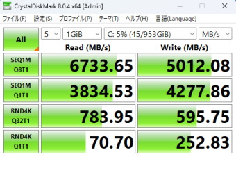 Galleria ZA7C-R48, CrystalDiskMark 標準測定, Micron 3400 NVMe SSD