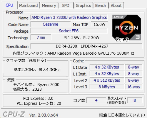 Ryzen 3 7330U, CPU-Z
