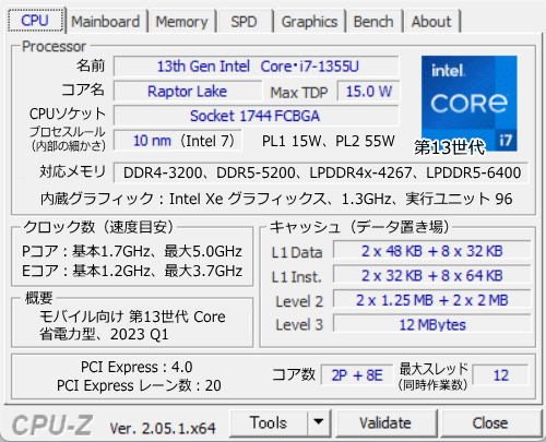 Core i7-1355U, CPU-Z
