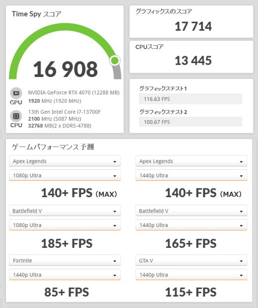 G-Tune DG-I7G70, GeForce RTX 4070, 3DMark TimeSpy