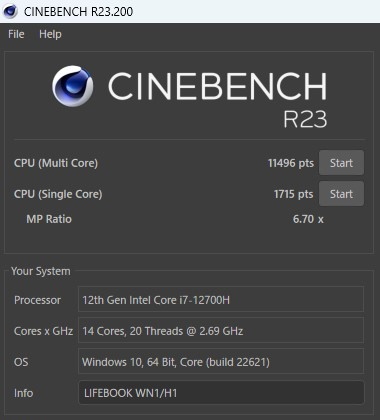 Core i7-12700H, Cinebench R23, LIFEBOOK WN1/H1