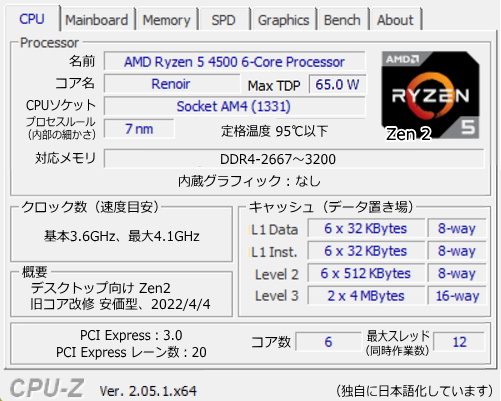 Ryzen 5 4500, CPU-Z