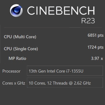 Core i7-1355U, CINEBENCH R23, THIRDWAVE DX-R7