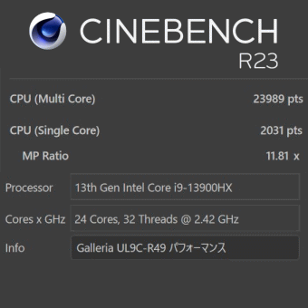 Core i9-13900HX, CINEBENCH R23, GALLERIA UL9C-R49, パフォーマンスモード