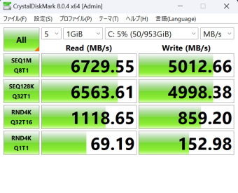 GALLERIA UL9C-R49, Micron 3400, Crystal Disk Mark, NVMe SSD mode