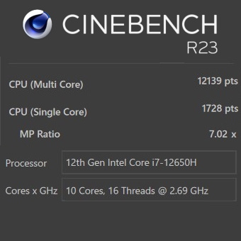 Core i7-12650H, CINEBENCH R23, GALLERIA RL7C-R35N, ターボモード