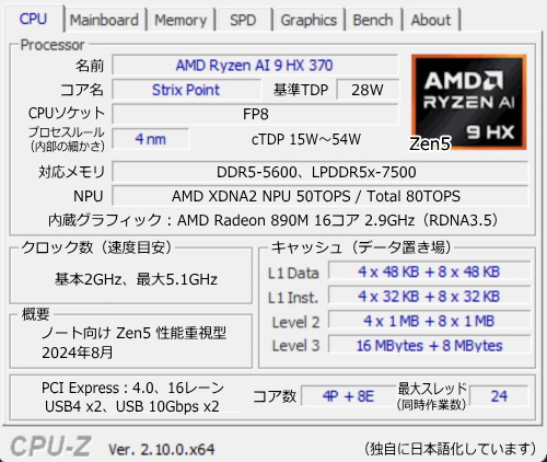 Ryzen Ai 9 HX 370, CPU-Z