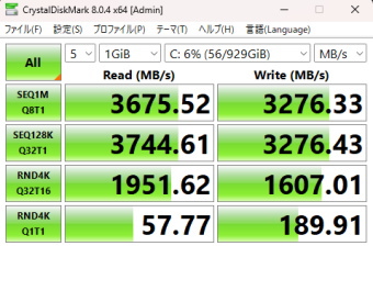 G-Tune DG-A5G60(Ryzen 5 9600X 搭載), Crystal Disk Mark, NVMe SSD mode