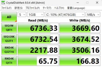 Lightning-G AV-Ti7W, Micron 2500 512GB, Crystal Disk Mark, NVMe SSD mode