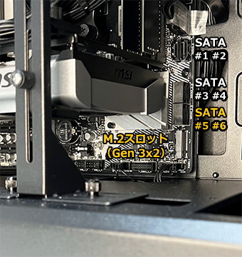 NEXTGEAR JG-A7G6T(GeForce RTX 5060Ti モデル)SATA端子とM.2スロット