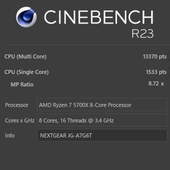 Ryzen 7 5700X, NEXTGEAR JG-A7G6T, CINEBENCH R23