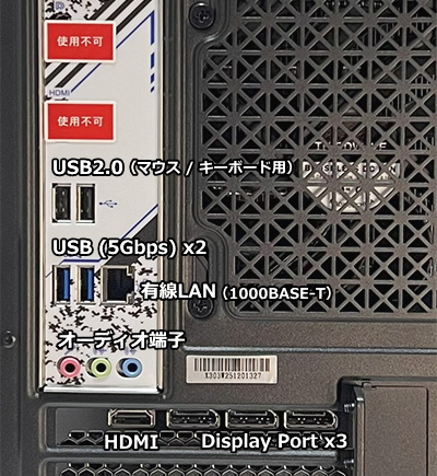 Lightning-G AV-Ti7W（Ryzen7 7700/RTX5060Ti 16GB搭載）背面端子